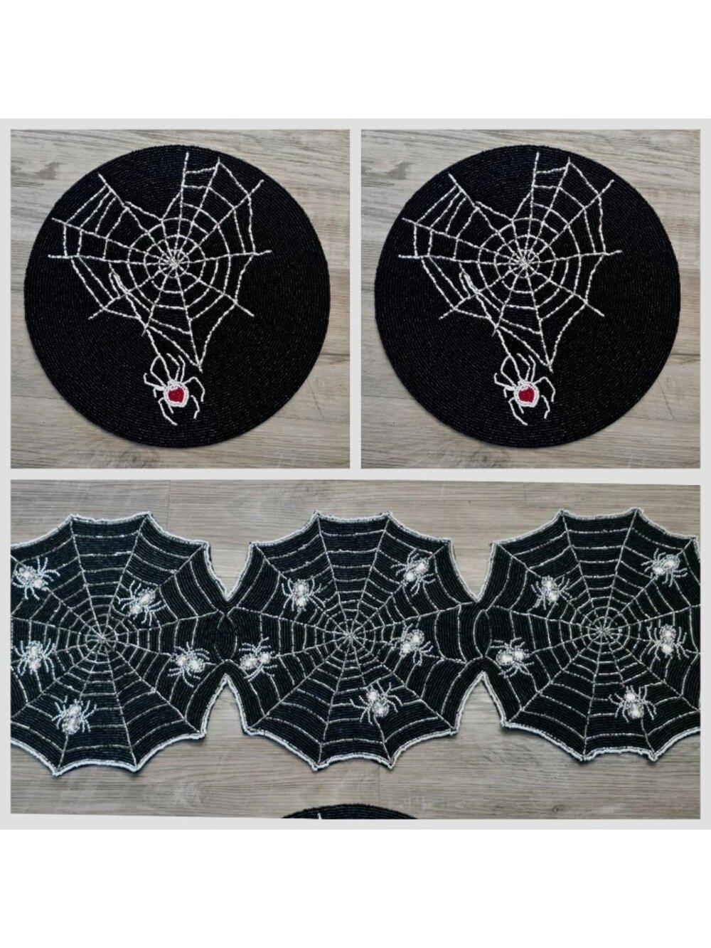 Set Halloween Beaded Spiderweb Spiders Placemat Chargers 15" & 35" Runner